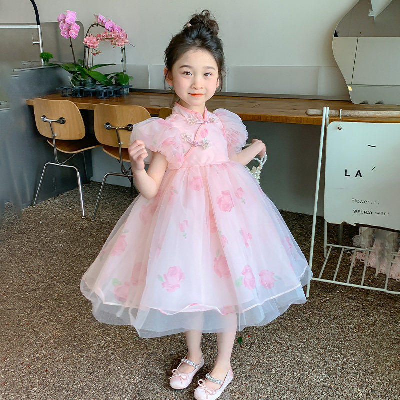Girls Summer Dress Children's 2026 New Style Rose Summer Dress Little Girl Performance Costume Princess Dress Skirt