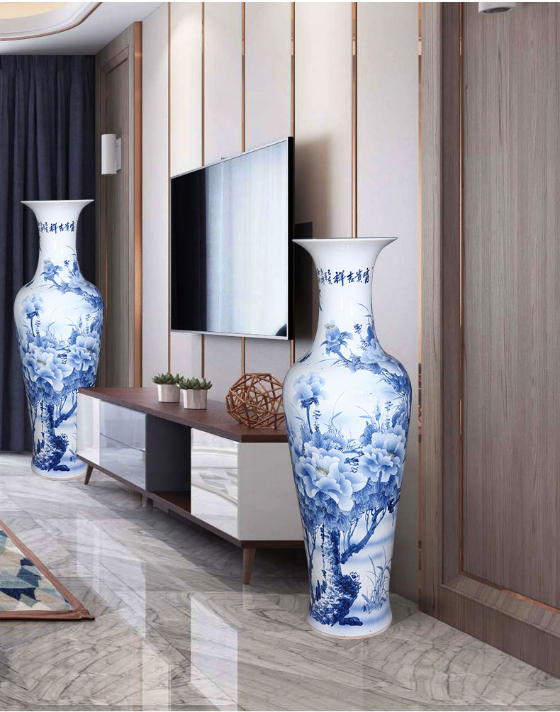 Jingdezhen ceramic big hand blue and white porcelain vase furnishing articles sitting room ground large Chinese TV ark beside ornaments