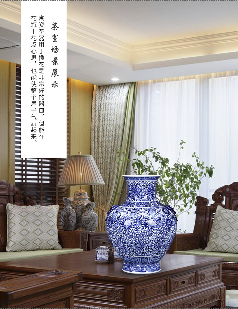 Imitation of qianlong hand - made antique blue and white porcelain of jingdezhen ceramics ears large vases, flower arranging new Chinese style living room furnishing articles