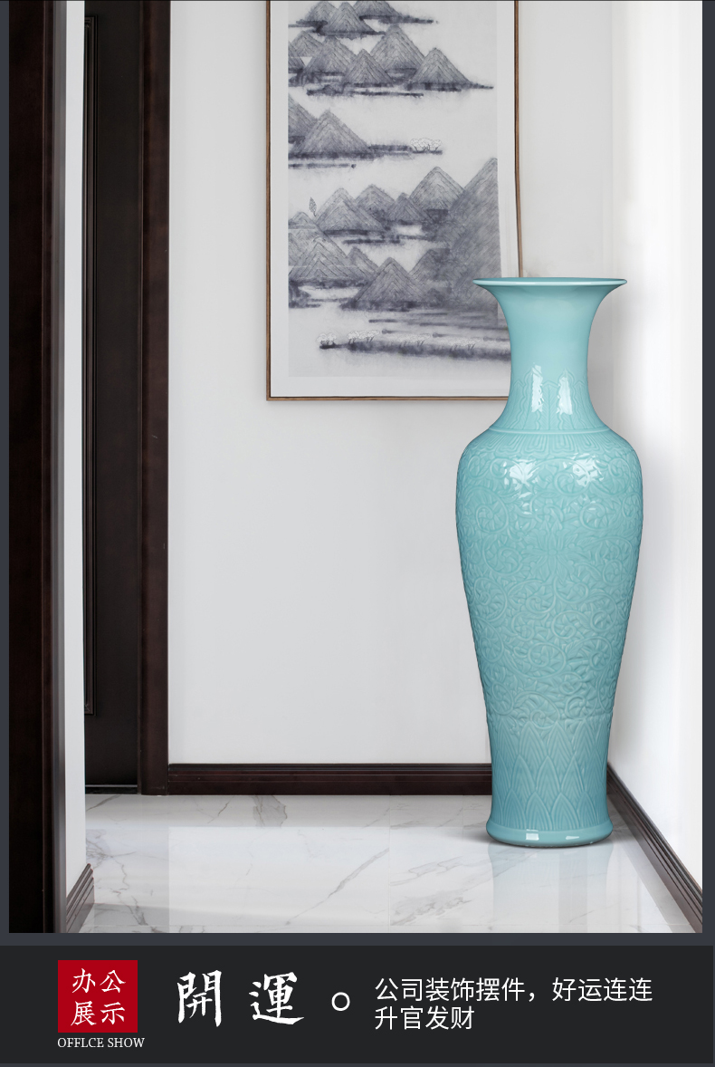 Jingdezhen ceramics big vase peony furnishing articles furnishing articles sitting room ground carving celadon lotus large. 1 m tall