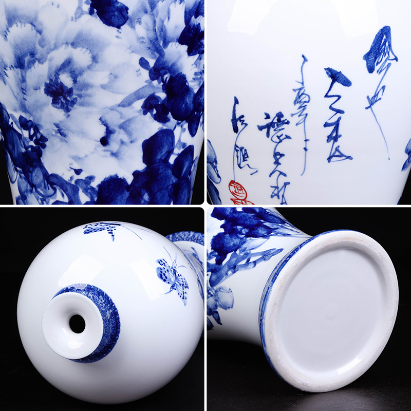 Jingdezhen ceramics master hand of blue and white peony vases, flower arrangement of the sitting room porch decoration of the new Chinese style furnishing articles