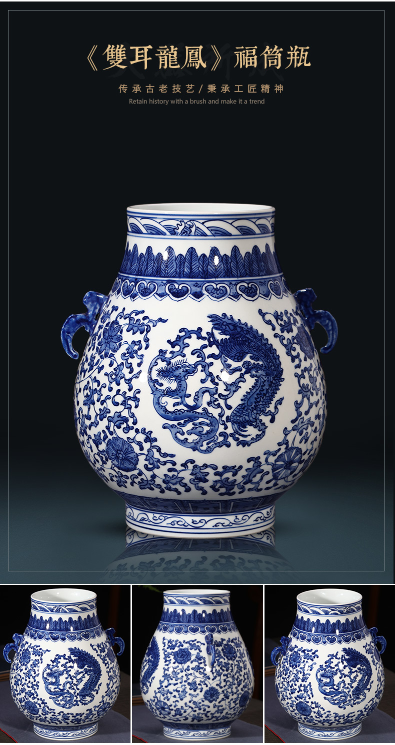 Jingdezhen ceramics hand - made antique blue and white porcelain vase furnishing articles sitting room flower arranging Chinese style household decorative arts and crafts