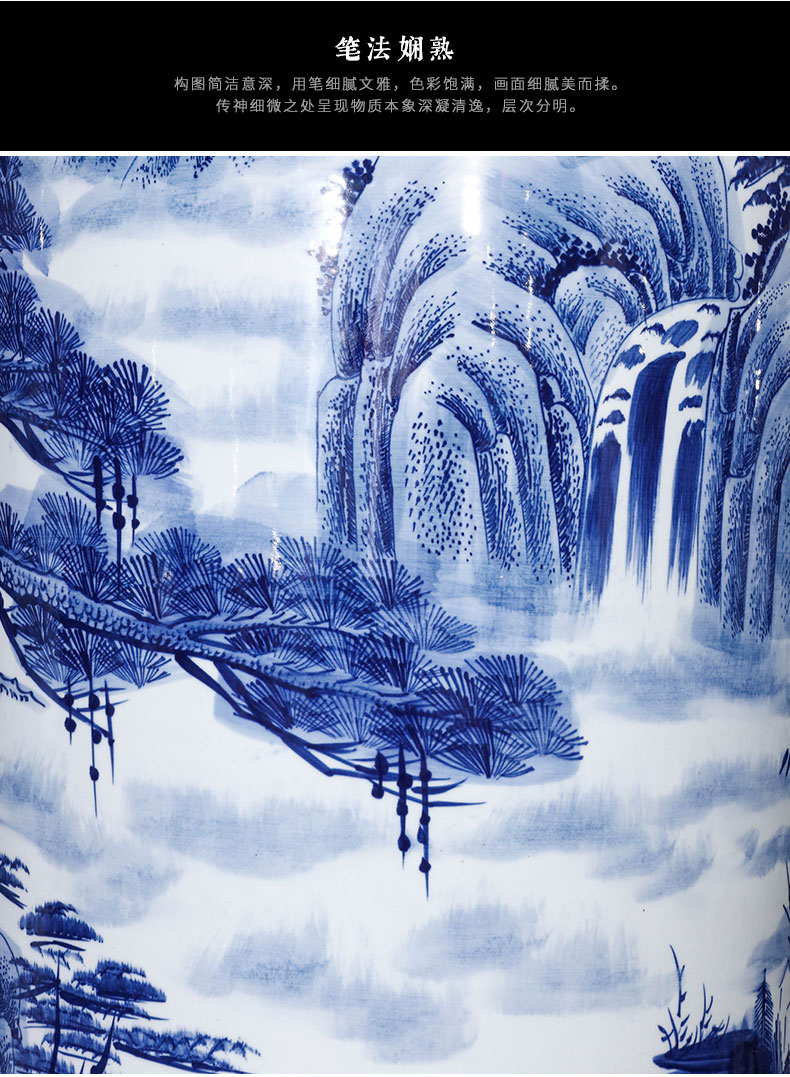 Jingdezhen ceramics hand - made guest - the greeting pine landscape painting of large blue and white porcelain vase villa hotel opening gifts