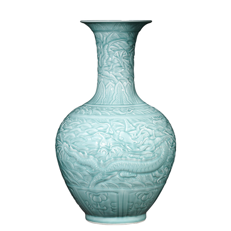 Jingdezhen ceramics pure manual shadow blue glaze carving dragon large vases, flower arranging new Chinese style living room furnishing articles