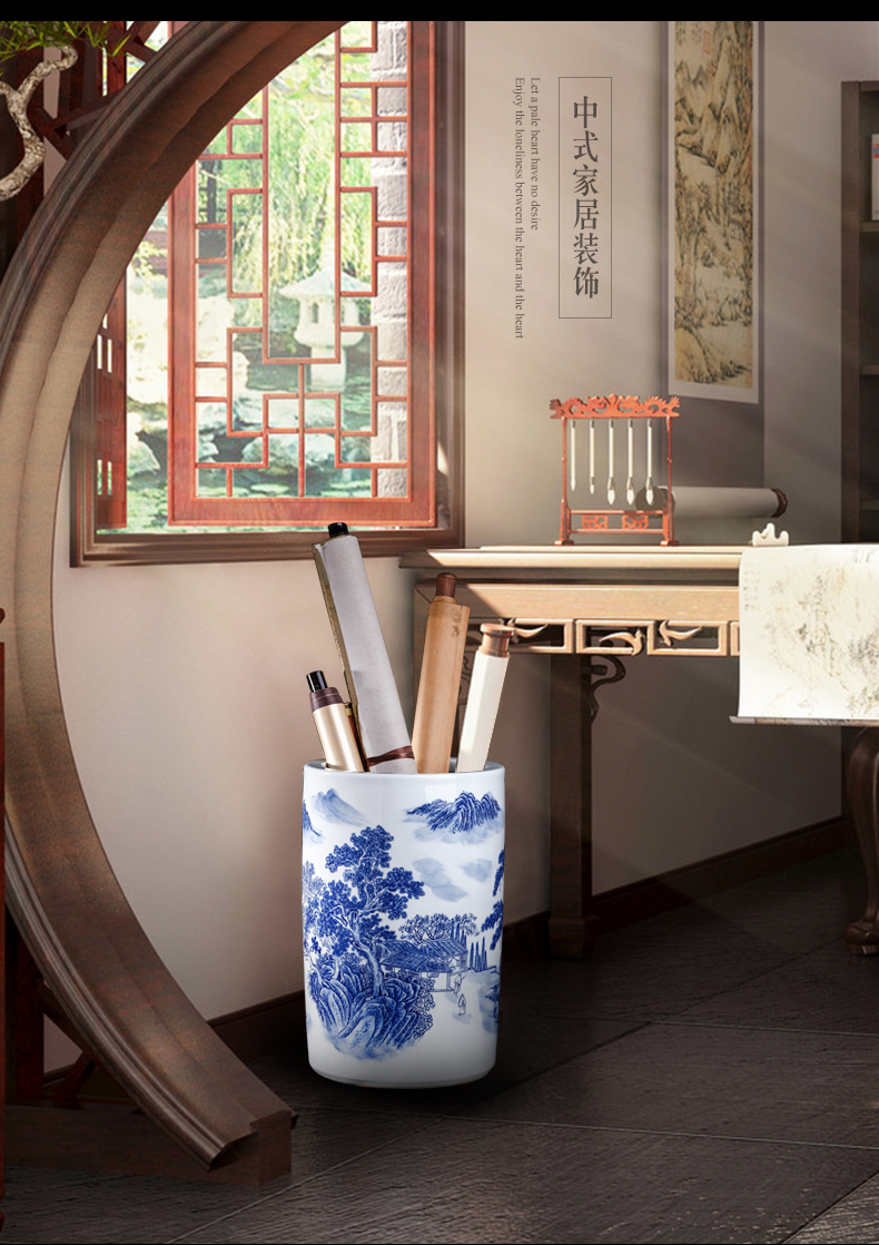 Jingdezhen ceramic landscape of blue and white porcelain vase furnishing articles painting and calligraphy scroll cylinder study large sitting room ground adornment