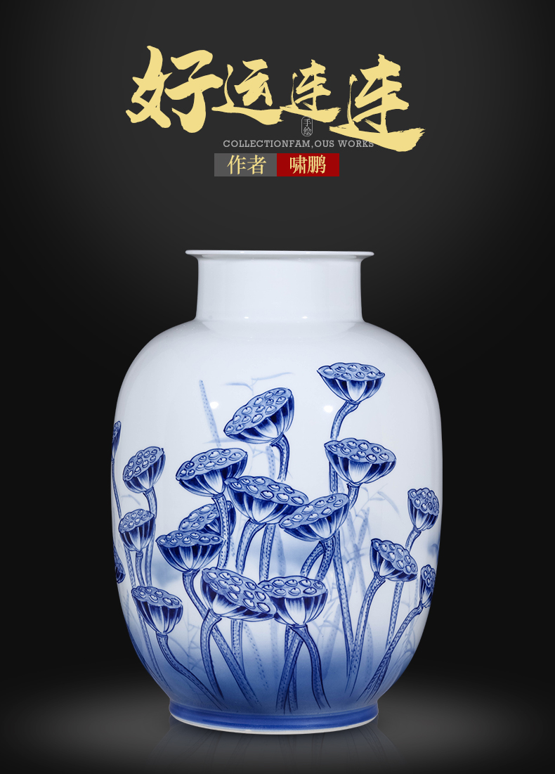 Jingdezhen ceramics by hand draw blue and white porcelain vases, flower arranging Chinese sitting room TV cabinet office furnishing articles