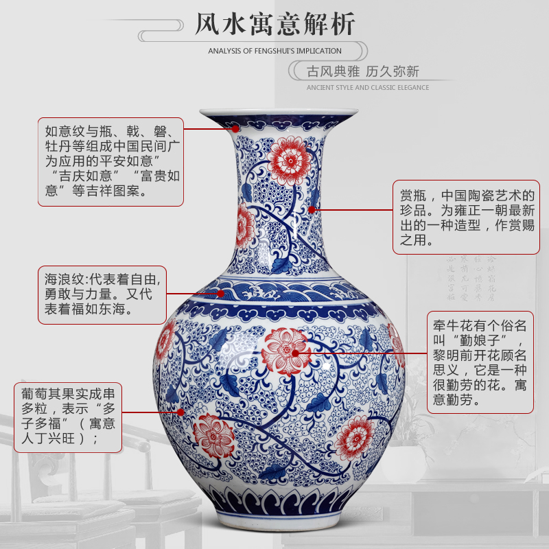 Jingdezhen blue and white ceramics youligong vases, flower arranging large Chinese style household furnishing articles, the sitting room porch decoration