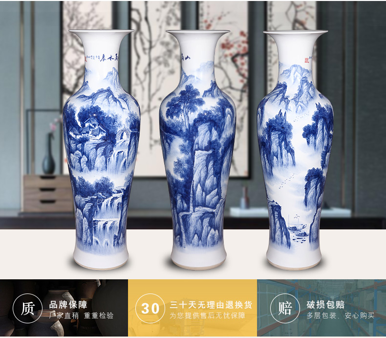 Jingdezhen ceramics hand - made landscape painting of large blue and white porcelain vase Chinese style living room TV cabinet porch place