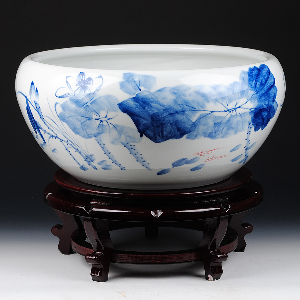 Blue and white shallow porcelain of jingdezhen ceramic goldfish bowl hand - made tortoise cylinder lotus lotus basin furnishing articles extra large