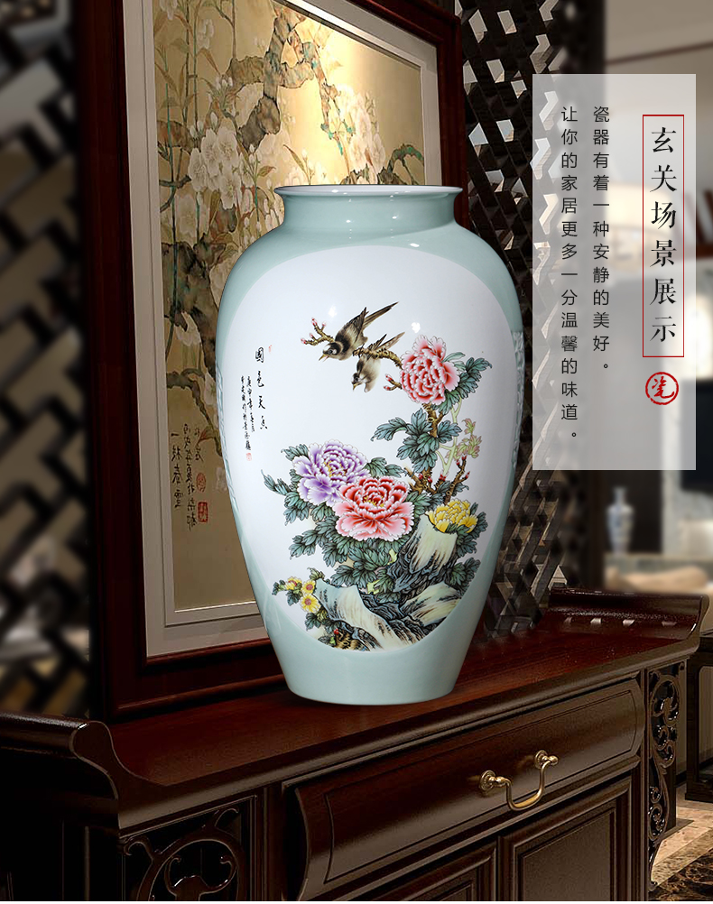 Jingdezhen ceramics green glaze carving large vases, flower arranging Chinese style living room TV ark, home furnishing articles