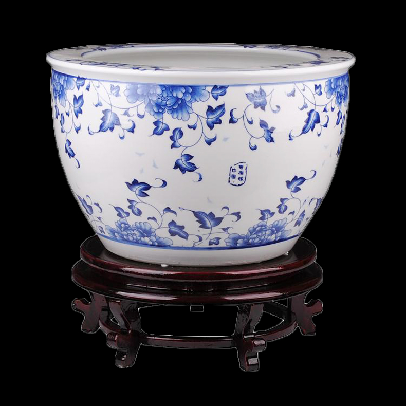 The tripod with two handles all The goldfish bowl of blue and white porcelain of jingdezhen ceramics have practical that occupy The home furnishing articles water lily tortoise cylinder in large