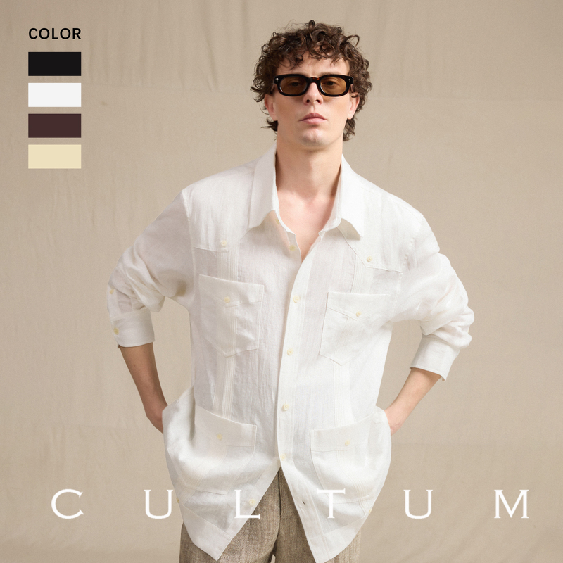 【Machine Washable French 100% Linen】Cultum Italian-Style Guayabera Cuban Collar Long-Sleeve Shirt for Men