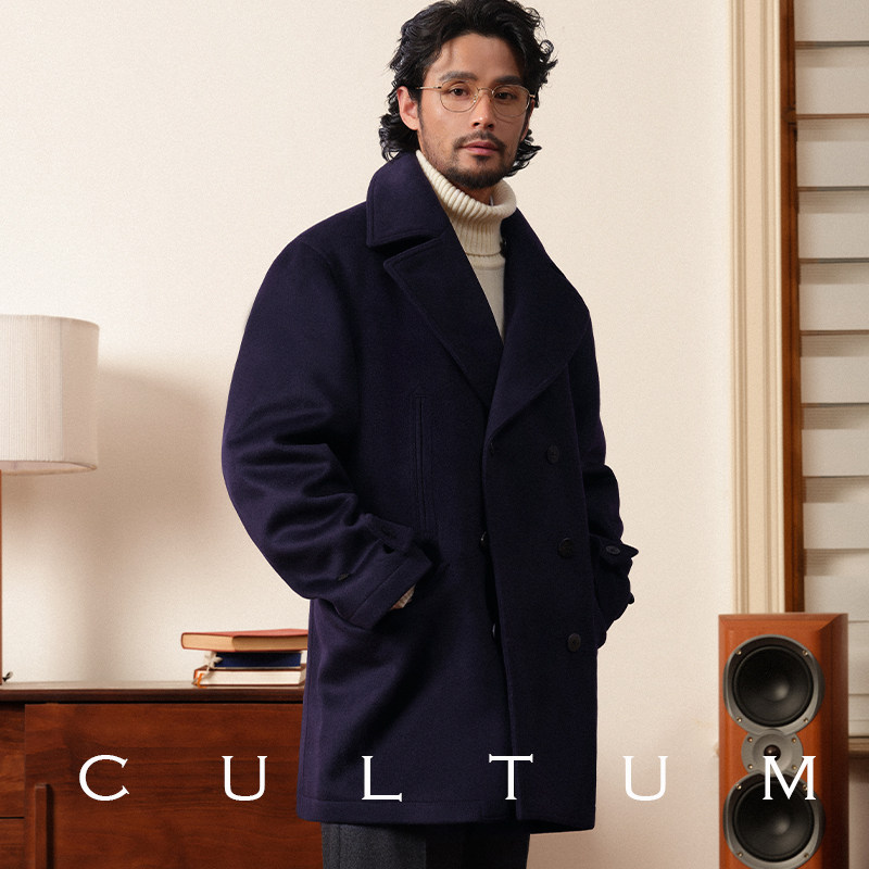 CULTUM ヘビーウェイト 880g 100%ウール ヴィンテージネイビー オーバーコート メンズ ダブルブレスト 冬用 厚手ウールコート