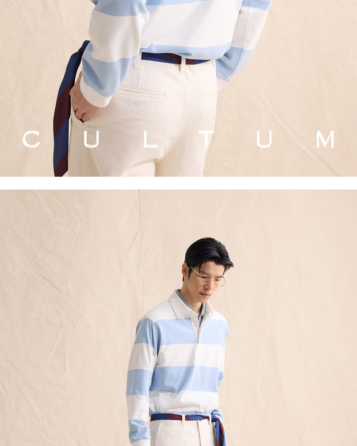 CULTUM Navy Striped Half-Placket Polo
