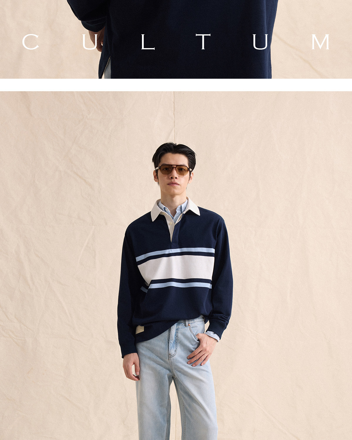 CULTUM Navy Striped Half-Placket Polo
