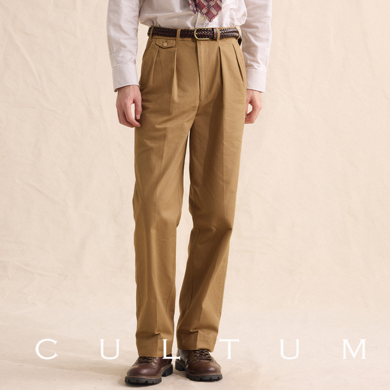 【100% Long-Staple Cotton】Cultum Vintage High-Waisted Double Pleated Twill Khaki Pants Men's Casual Straight Thick Pants