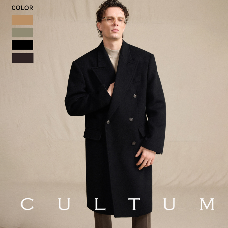 Cultum Thickened 880g 100% Wool Tweed Chester Coat for Men, Mid-Length, Peaked Lapel, Double-Breasted Jacket