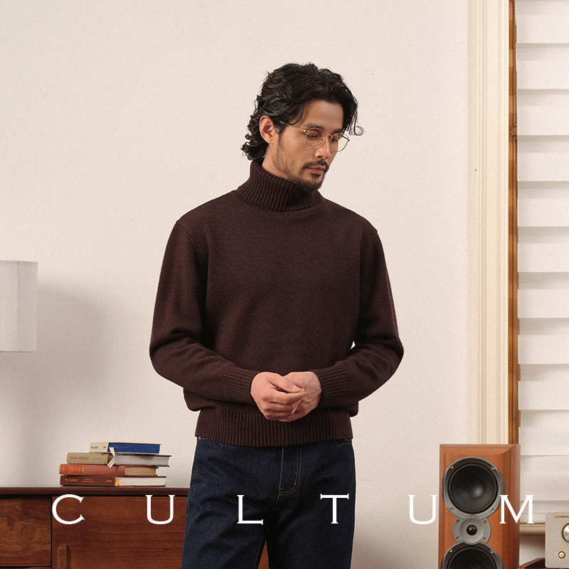 Cultum Merino Wool Retro Turtleneck Sweater Men's Long-Sleeved Pure Color Autumn and Winter Thickeneded Pullover Loose Top