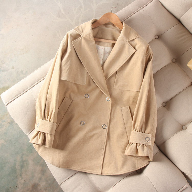 Original Korea 21 autumn suit collar double-breasted horn sleeves loose corduroy short windbreaker female RCJT94904M