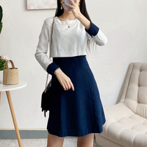 Break Code Clear Cabin South Korea 22 Years Spring Fresh Ladies Temperament OL Spelled Fake two Thin Long Sleeves Dress
