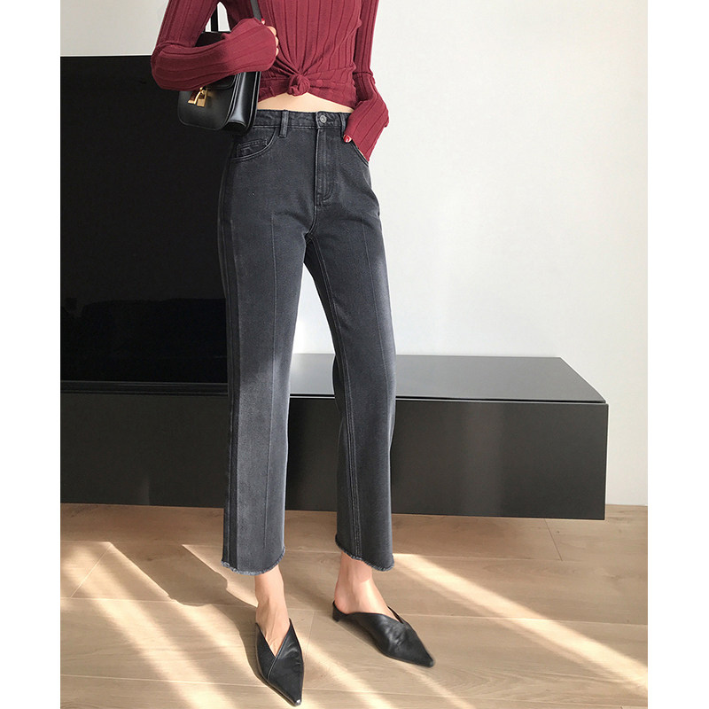 Losing the retro harbor wind 23 spring and autumn splicing design pants and feet high waist and straight - line jeans woman