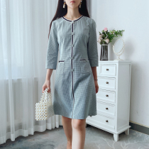Original Korea 21 Early Autumn Fresh And Elegant Ladies Scents of Fragrant Wind Striking trim 70% sleeves Thin Plaid Plaid Dress