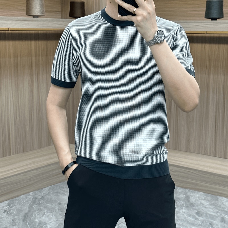 High-End Striped Knitwear, Breathable and Comfortable, Business Casual Round-Neck T-Shirt, Fashionable and Versatile, Cool-Feeling Ice Silk Short-Sleeve Trend