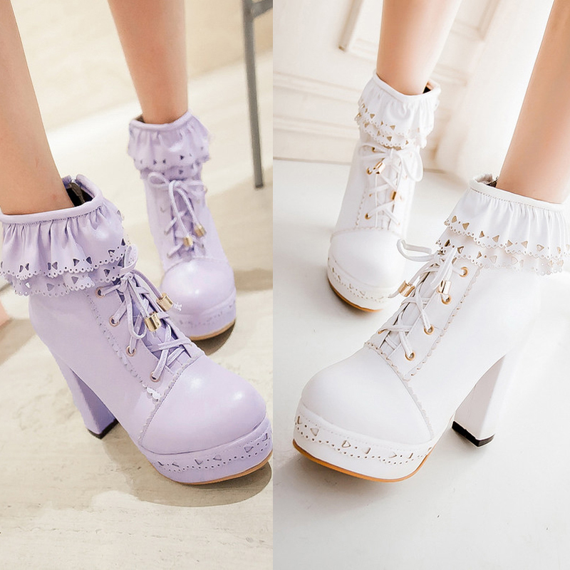 Autumn and Winter Lolita High-Heeled Chunky Heel Side Zipper Waterproof Platform Lace-Up Short Boots Single Boots Women's Boots Martin Boots Purple Autumn and Winter Lolita High-Heeled Chunky Heel Side Zipper Waterproof Platform Lace-Up Short Boots Single Boots Women's Boots Martin Boots Purple