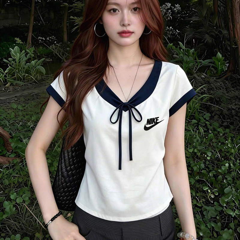 Nike Nike Short-Sleeved T-Shirt for Women, Large Size, Gentle Style, Navy V-Neck Bow Top, Summer 2026 New Style, Regular Shoulder Fit