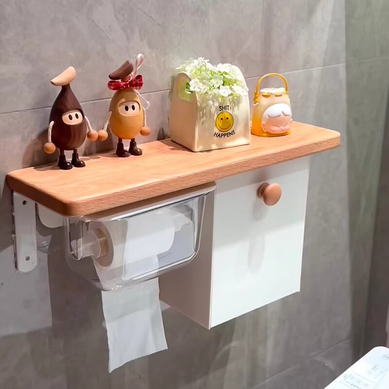 High-End Bathroom Wooden Board Storage Rack Toilet Wall-Mounted Tissue Box Classy Storage Box Toilet Towel Cabinet