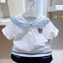 Summer New Korean Version Girl Cartoon Embroidered Navy Collar College Wind Cotton Short Sleeve Female Baby Fashion White Tower T-shirt