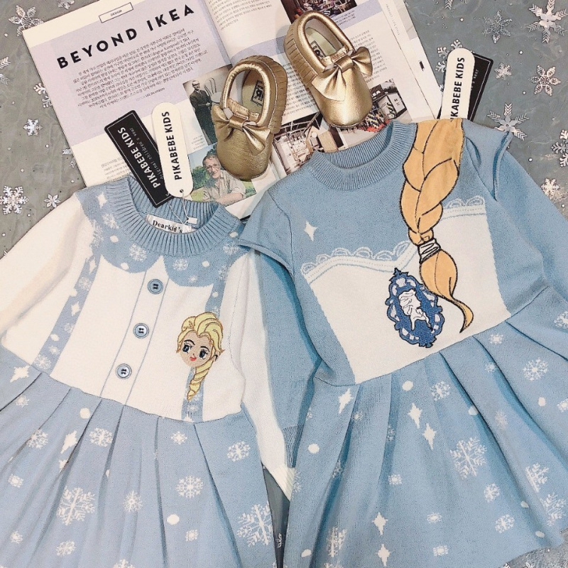 Autumn and winter new girls fresh blue Aisha princess sweater dress cotton soft and comfortable knitted dress