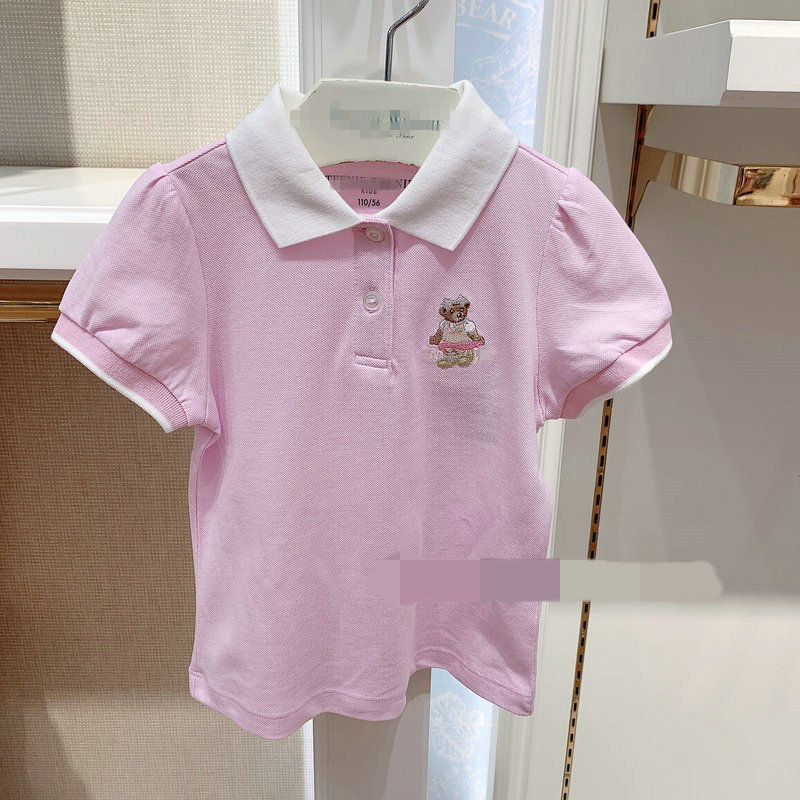 Summer New Han Edition Girl Cartoon Embroidery Leisure Leisure Top Sleeved Girl Baby Pure Cotton Pearl Network Fabric T