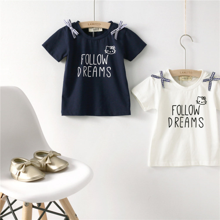 2019 Summer new childlike butterfly knots Cat Ladies Style Short Sleeves Brief pure cotton T-shirt Two colors Optional