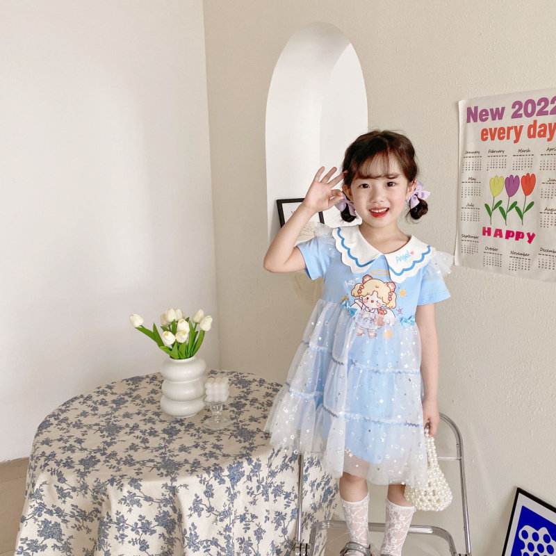 Children's dress 2022 Summer style Turned Collar Cartoon Printed College Wind Short Sleeve Mesh Yarn Dress Princess Nepotism Dress Woman's dress