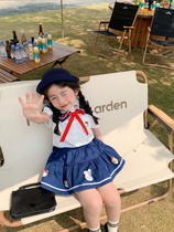 Original 2022 Summer Girls Clothes KT Navy Collar College Shirt Suit Dresses Cute Cartoon Three Sets