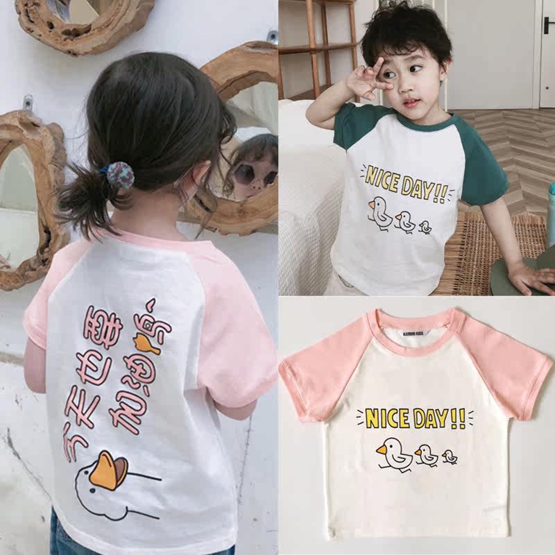 Clear Cabin Summer New Cartoon Pattern Refueling Duck Printed Pure Cotton Inserted Shoulder Sleeve Crash Color Short Sleeve Male And Female Child 100 lap 2