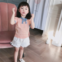 2019 Spring Summer New Girl Little Literature College Wind Short Sleeve Butterfly Knot Fine Wool pink T-shirt