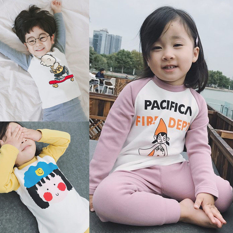 Clear cabin male and female children's autumn and winter plus suede thickened warm T-shirt baby pure cotton cartoon Home Suit Jacket pants