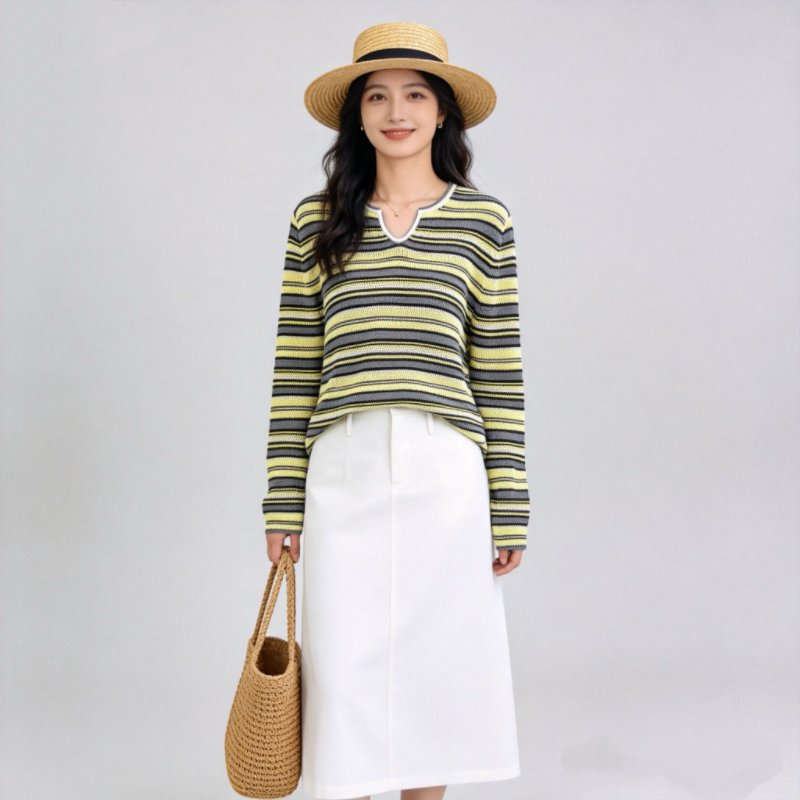 2026 Spring/Summer New Korean Style Loose Slimming Versatile Striped Knit Sweater Women's Top Hollow Wool Sweater