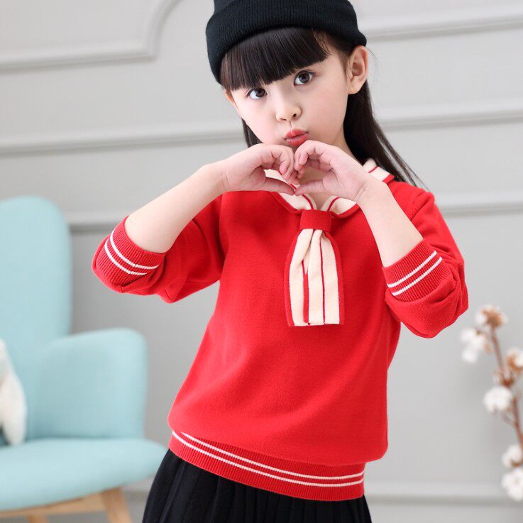 Girls' Knitwear Pullover Round Neck Sweater Middle-aged Children's Long Sleeve Loose Short Autumn and Winter Bottoming Coat