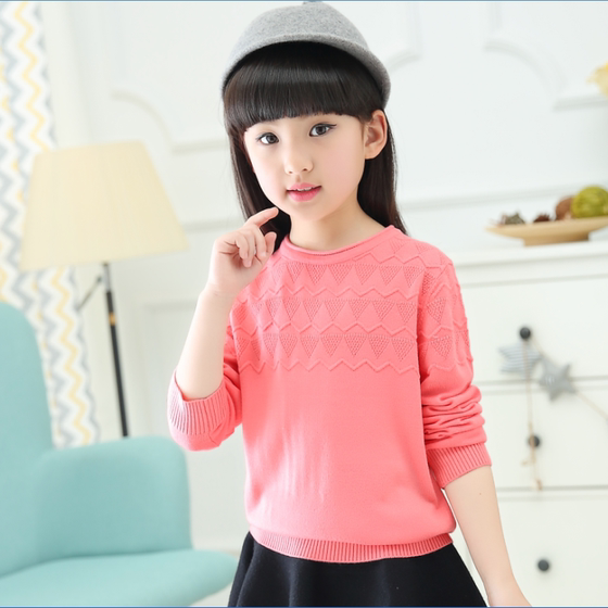 Girls' knitted sweater round neck pullover thin Korean version plus velvet thickening for middle and large children 2023 new autumn and winter sweater base