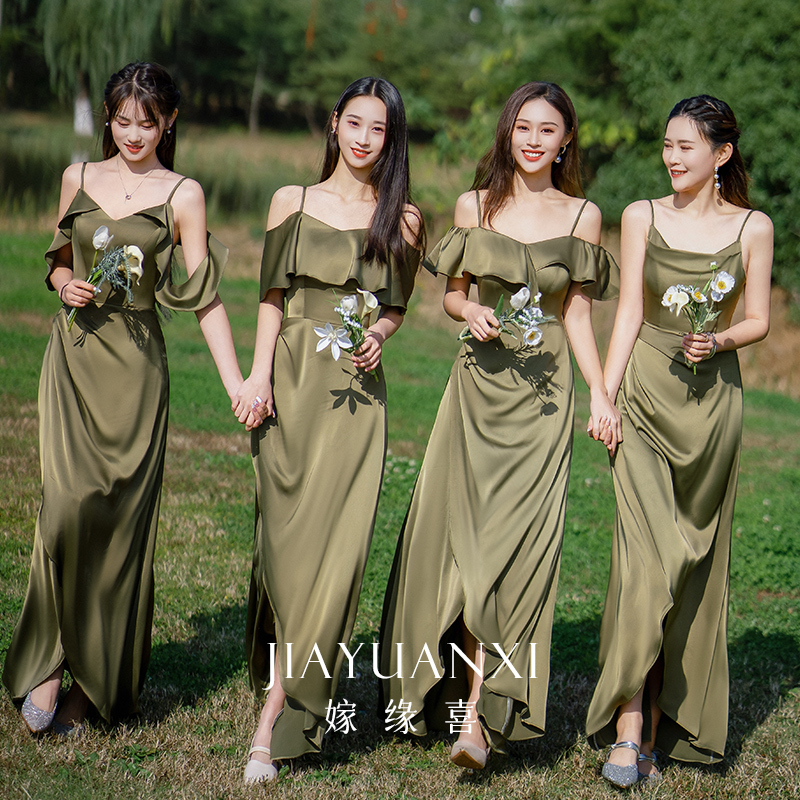 Forest-Style Bridesmaid Dress for Women 2026 New Spring and Summer Spaghetti Strap Drape Fabric Slimming Style Sister Group Long Evening Dress