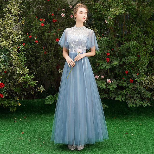 Blue bridesmaid dress long section 2021 new autumn Korean version of the bridesmaid group sister skirt party choir costumes