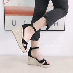 Wedge espadrilles ສໍາລັບແມ່ຍິງໃນລະດູຮ້ອນເອີຣົບແລະອາເມລິກາແບບໃຫມ່ bohemian ແບບເກີບສົ້ນສູງ buckle ຄໍາດຽວສາຍເກີບແມ່ຍິງຂະຫນາດໃຫຍ່