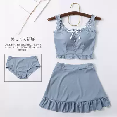 Fog blue-Japanese girl fresh skirt shoulder two-piece swimsuit small chest steel support gathered swimsuit women's three-piece set