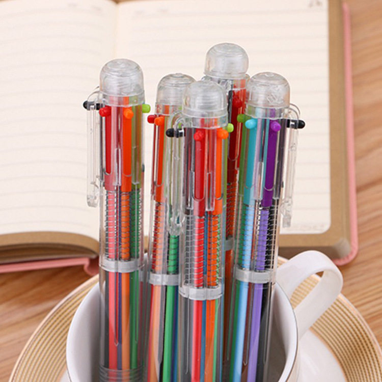 Student stationery 6-color transparent rod press ballpoint pen multi-color pen