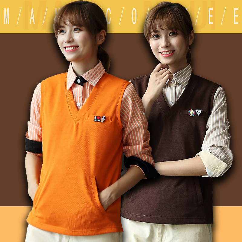 Milk Tea Cake Fire Pan Shop West Catering Attendant Working Clothes Long Sleeve Spring Summer Clothing Cafe Warm Vest Waistcoat