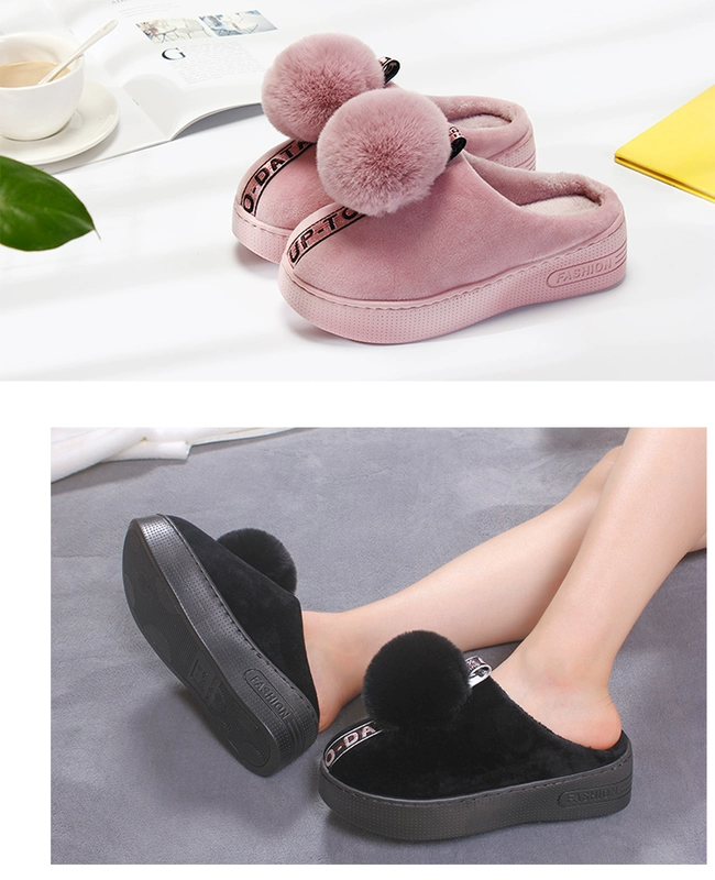 Dép cotton mùa thu và đông nữ phiên bản dày Hàn Quốc của ngôi nhà tăng cường chống trượt trong nhà chống trượt cao gót dễ thương nhà dày ấm áp