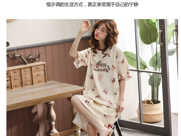 Váy ngủ nữ mùa hè cotton tinh khiết ngắn tay dài giữa ngọt ngào và dễ thương cô gái hoạt hình dễ thương mùa hè cotton mỏng đồ ngủ tại nhà - Cha mẹ và con